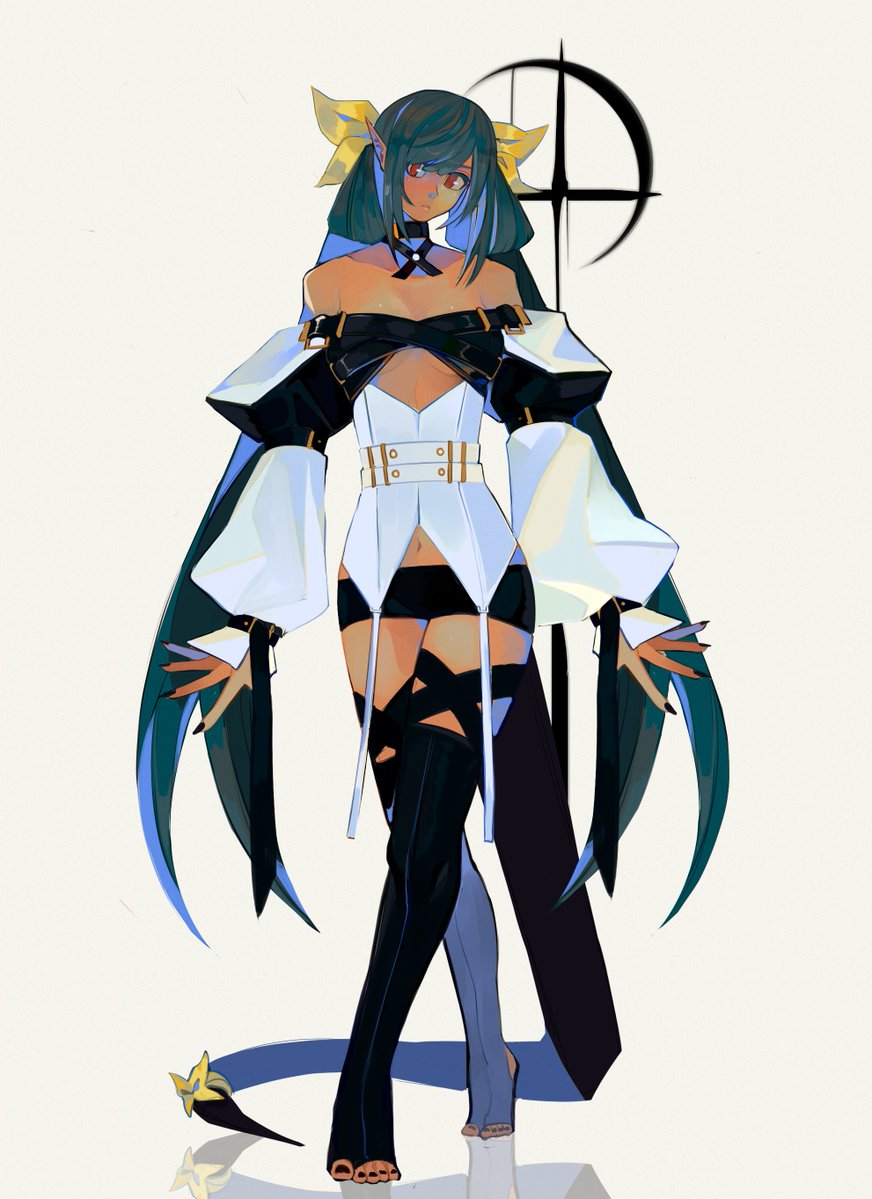1girl bare_shoulders belt black_choker black_nails black_thighhighs blue_hair borcheim breasts choker detached_sleeves dizzy_(guilty_gear) guilty_gear guilty_gear_xrd hair_rings long_hair long_sleeves medium_breasts monster_girl navel pointy_ears puffy_long_sleeves puffy_sleeves red_eyes ribbon short_shorts shorts simple_background solo tail tail_ornament tail_ribbon tan thigh_strap thighhighs toeless_legwear toes twintails underboob white_background yellow_ribbon