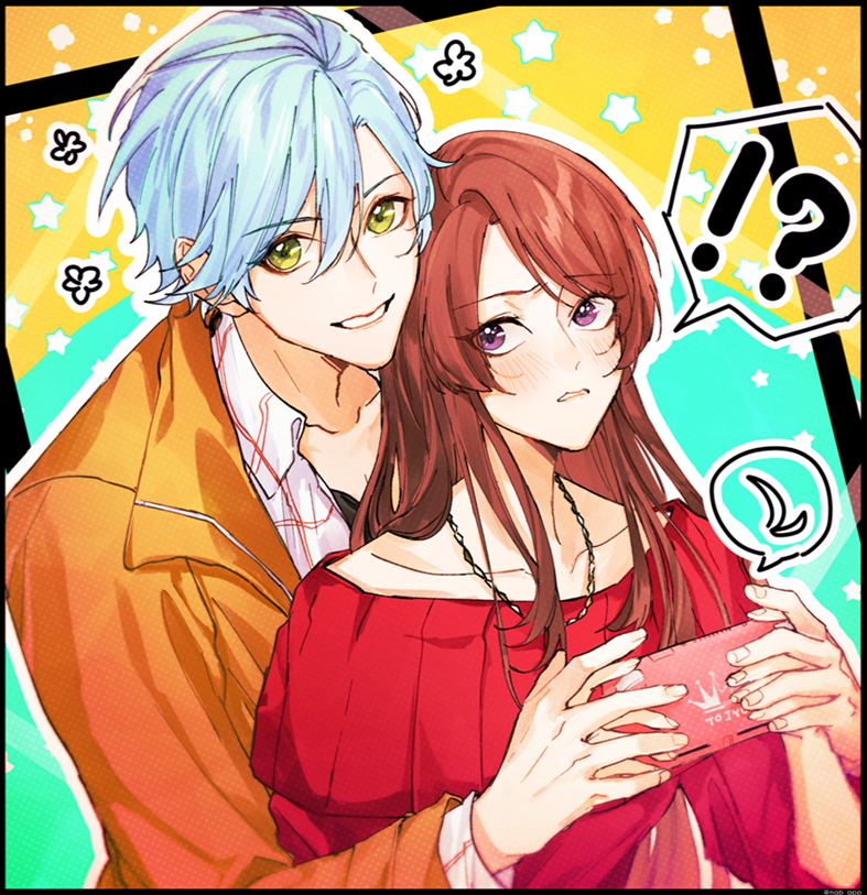 !? 1boy 1girl blue_hair blush brown_hair cellphone green_eyes hetero holding holding_phone kaori light_blue_hair long_hair looking_at_another looking_at_viewer phone purple_eyes short_hair smile teeth toujou_hibari variable_barricade yagami_nayuta