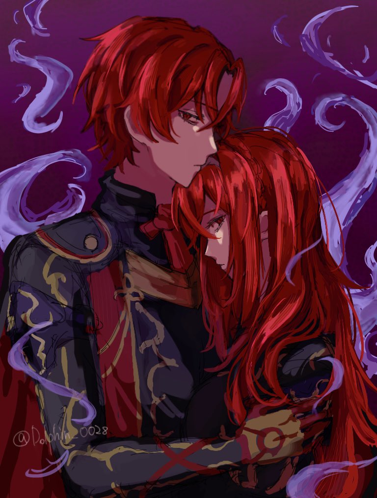 1boy 1girl aura commentary_request crossed_bangs dark_aura dark_persona dolphin_0028 female_alear_(fell_dragon)_(fire_emblem) female_alear_(fire_emblem) female_alear_(red_days_past)_(fire_emblem) fire_emblem fire_emblem_engage fire_emblem_heroes male_alear_(fell_dragon)_(fire_emblem) male_alear_(fell_dragon_child)_(fire_emblem) male_alear_(fire_emblem) nintendo official_alternate_color official_alternate_eye_color official_alternate_hair_color red_eyes red_hair tagme