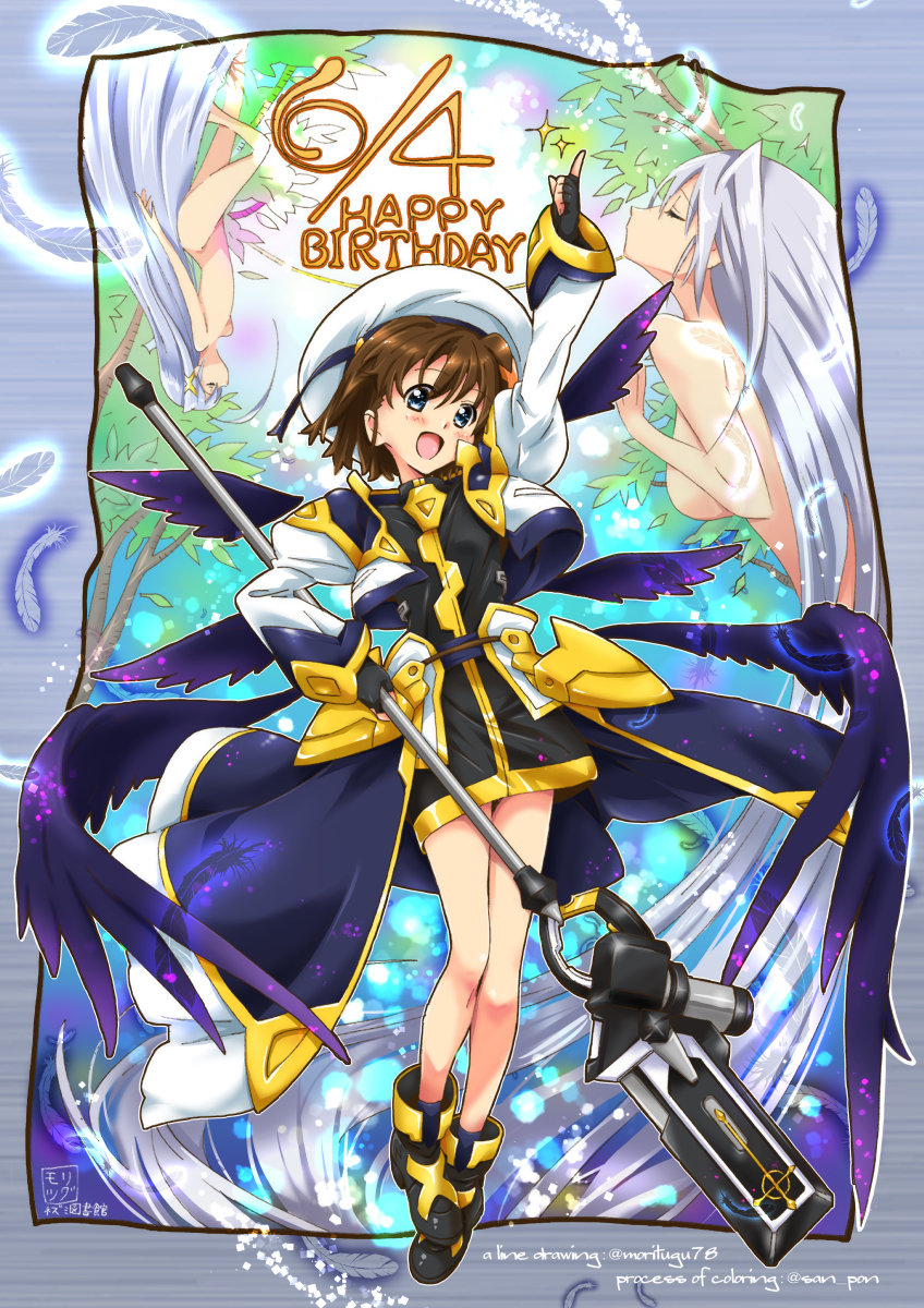 1girl :d arm_up armor artist_collaboration artist_name beret black_boots black_dress black_gloves black_wings blue_eyes boots brown_hair closed_eyes colorized commentary_request cropped_jacket dated dress english_text faulds feathered_wings feathers fingerless_gloves full_body gloves hair_ornament happy_birthday hat head_tilt high_collar highres holding holding_staff index_finger_raised jacket juliet_sleeves long_hair long_sleeves looking_at_viewer lyrical_nanoha magical_girl mahou_shoujo_lyrical_nanoha_reflection mini_person minigirl moline_goblin nude open_mouth outside_border partial_commentary puffy_sleeves reinforce reinforce_zwei san-pon short_dress short_hair signature silver_hair smile solo staff standing twitter_username very_long_hair waist_cape white_hat white_jacket wings x_hair_ornament yagami_hayate