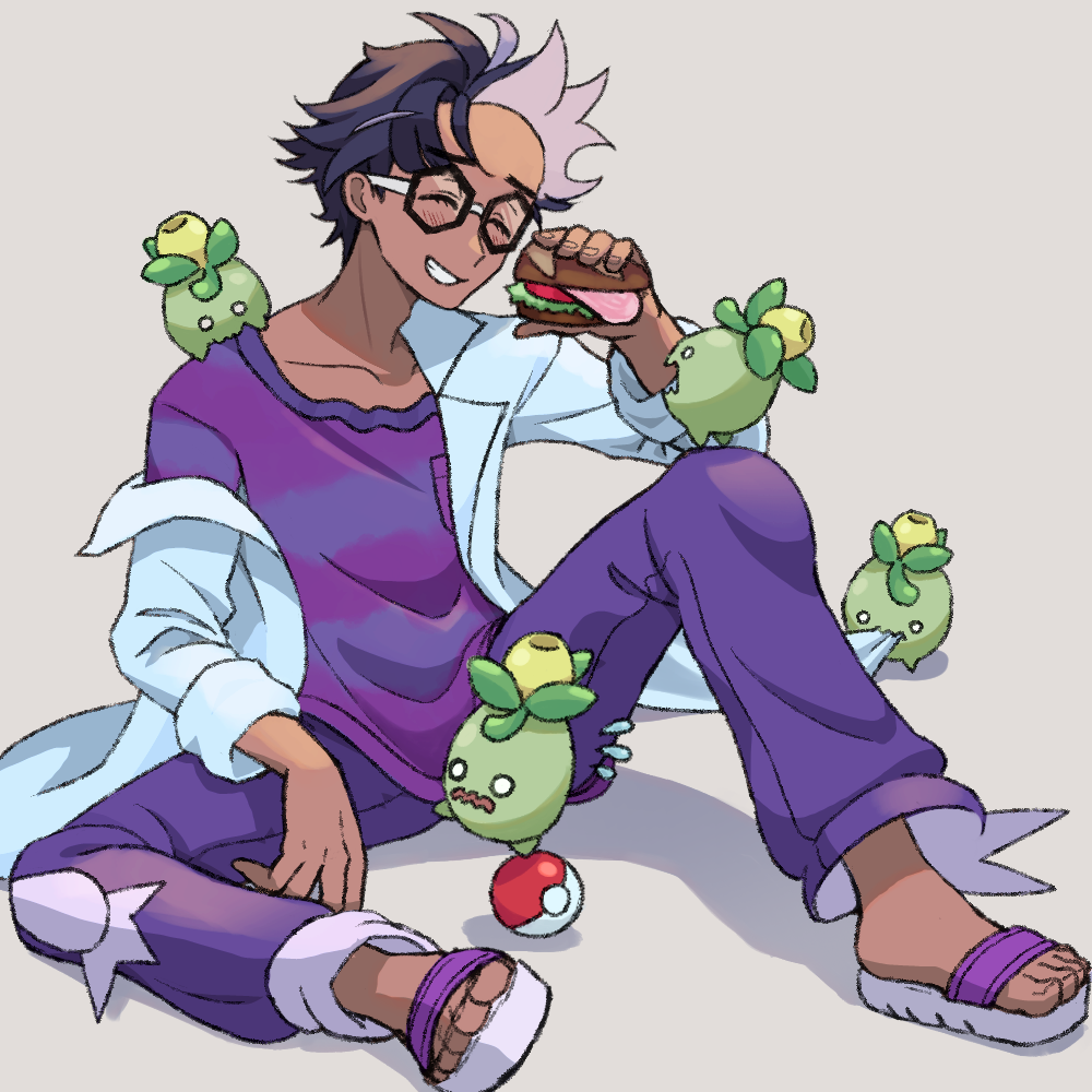 1boy black-framed_eyewear black_hair blush closed_eyes commentary_request dark-skinned_male dark_skin food glasses grin holding holding_food jacq_(pokemon) male_focus nagi-negitoro nintendo off_shoulder on_shoulder pants poke_ball poke_ball_(basic) pokemon pokemon_(creature) pokemon_on_shoulder pokemon_sv purple_pants purple_shirt sandals sandwich shirt short_hair sitting smile smoliv spread_legs teeth toes