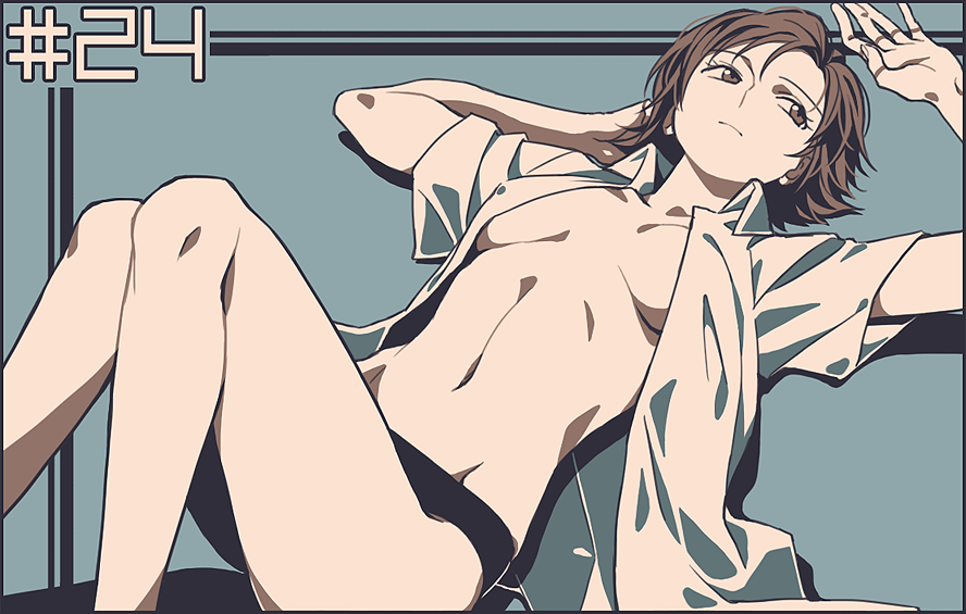 10s 1girl border breasts brown_eyes brown_hair covered_erect_nipples female_focus finger_marks groin looking_away lying machi_fuka monochrome muted_color navel on_back open_clothes open_shirt panties shirt short_hair short_sleeves solo soukyuu_no_fafner toomi_maya underwear