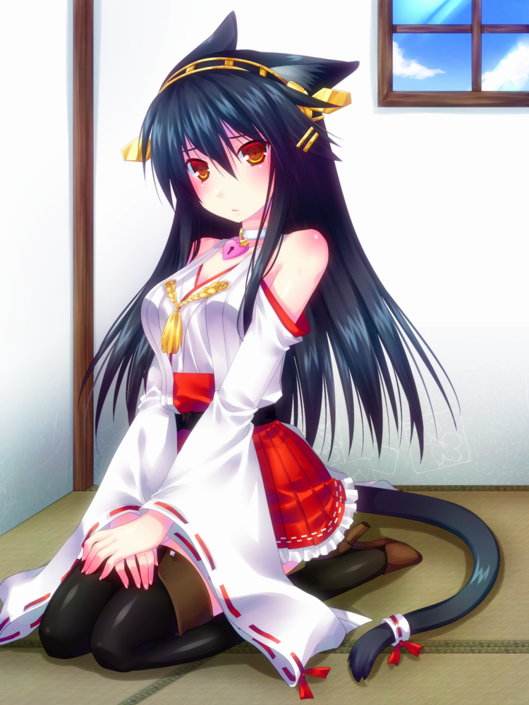 10s 1girl animal_ears bad_id bad_pixiv_id black_hair cat_ears cat_tail detached_sleeves door_to_heaven female_focus hairband haruna_(kancolle) heart heart-shaped_lock japanese_clothes jewelry kantai_collection kemonomimi_mode lock long_hair looking_at_viewer necklace nontraditional_miko orange_eyes ribbon seiza sitting solo star_(symbol) tail tail_ornament tail_ribbon tatami thighhighs wide_sleeves