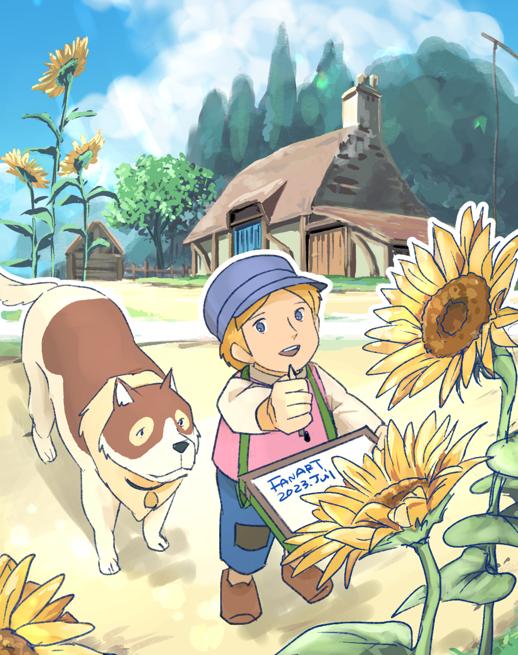 1boy a_dog_of_flanders blonde_hair blue_eyes blue_hat brown_footwear dated day flower hat highres holding holding_pencil house nello_(a_dog_of_flanders) outdoors pencil petrasche_(a_dog_of_flanders) pocco1224 sunflower tree