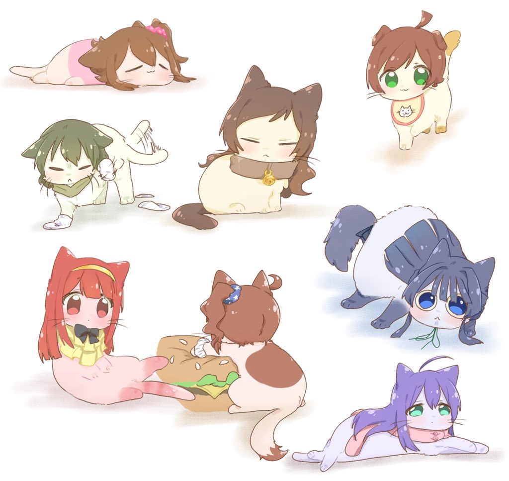ahoge animal animal_collar animal_focus animalization bell bib black_hair blue_eyes blush brown_hair cat closed_eyes closed_mouth collar dot_mouth green_eyes green_hair hair_ornament hair_scrunchie hutaba idolmaster idolmaster_million_live! kasuga_mirai kinoshita_hinata kitazawa_shiho long_hair mochizuki_anna mogami_shizuka nagayoshi_subaru neck_bell no_humans pink_scrunchie purple_hair red_eyes red_hair scrunchie short_hair tanaka_kotoha white_background wide-eyed yokoyama_nao