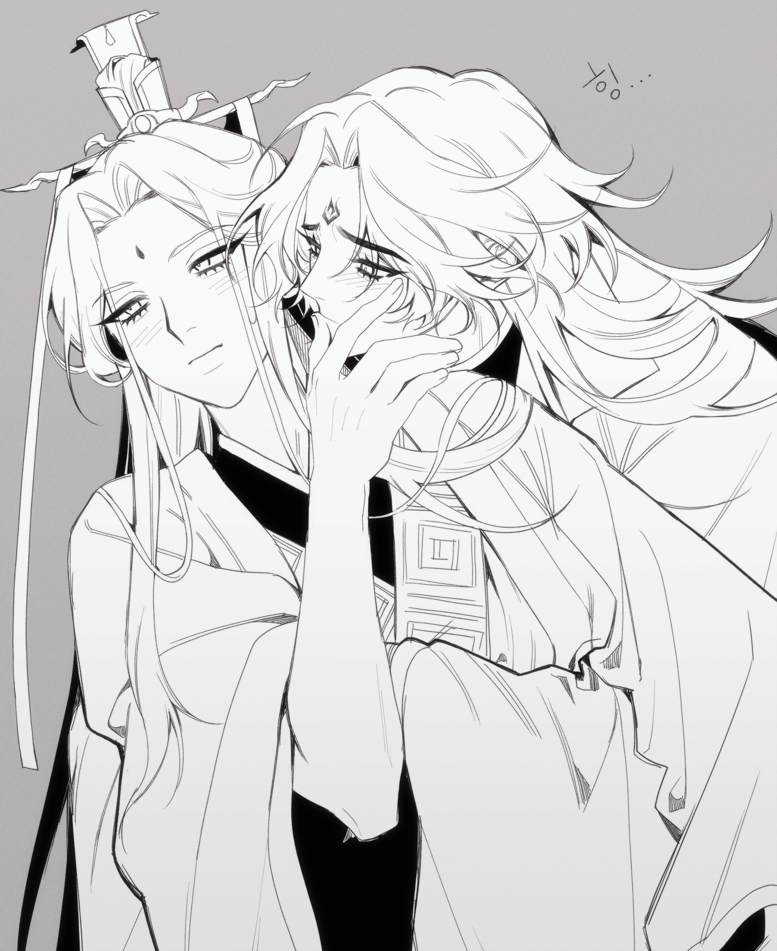 2boys absurdres bisu_(hw3op) blush chinese_clothes closed_mouth facial_mark forehead_mark frown greyscale hand_on_another's_face hanfu highres korean_commentary korean_text long_hair long_sleeves luo_binghe male_focus monochrome multiple_boys renzha_fanpai_zijiu_xitong ribbon ribboned_xiao_guan shen_qingqiu simple_background topknot upper_body wide_sleeves xiao_guan_(headdress) yaoi zuiyin