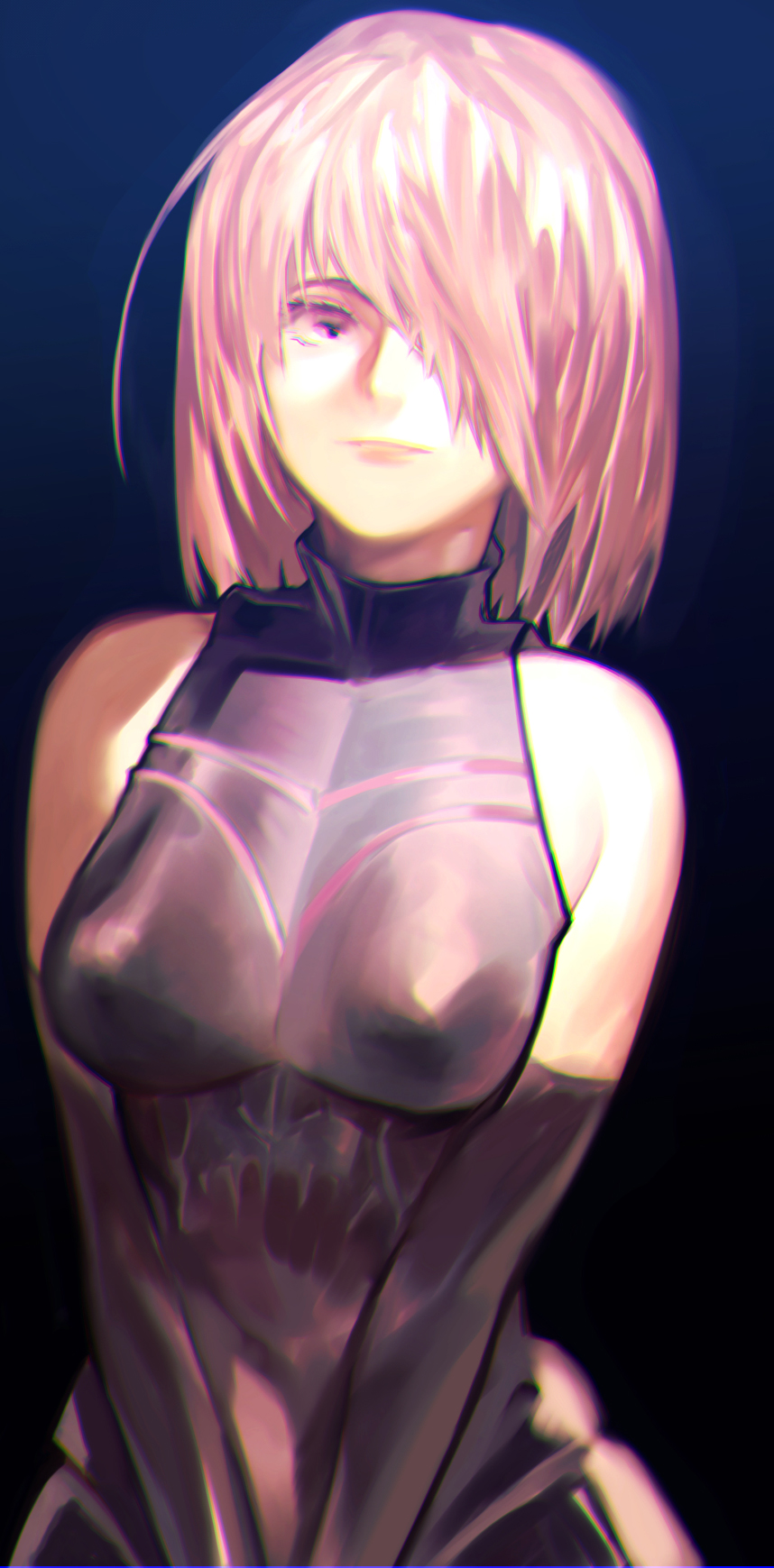 1girl bare_shoulders blue_background blurry bodysuit chromatic_aberration elbow_gloves fate/grand_order fate_(series) female_focus gloves gyudong123 hair_over_one_eye highres looking_at_viewer mash_kyrielight purple_hair short-haired_girl_(osomatsu-san) solo v_arms