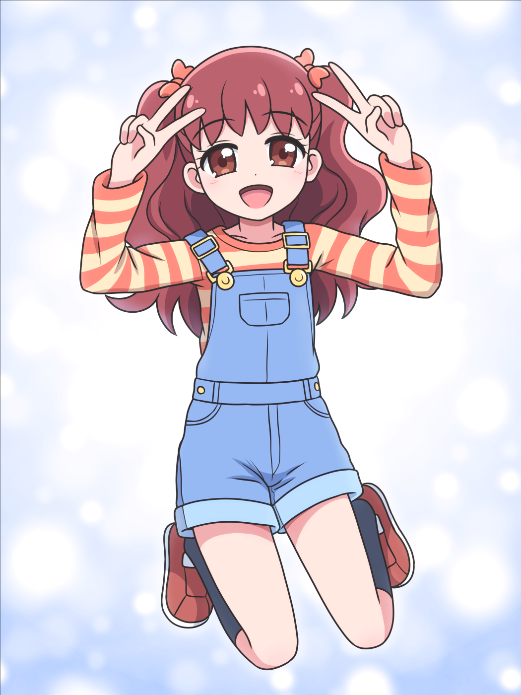 1girl alternate_costume black_socks blue_background blue_overalls blush bow brown_shoes buttons casual collarbone commentary denim dot_nose double_v gradient_background hair_bow hair_ornament hands_up highres horizontal-striped_clothes kanie_(precure) kato-shun knees legs_up long_hair long_sleeves looking_at_viewer open_mouth orange_bow orange_shirt overall_shorts overalls precure red_eyes red_hair shirt shoes smile socks solo striped_clothes striped_shirt twintails two-tone_shirt v v_over_head wonderful_precure! yellow_shirt