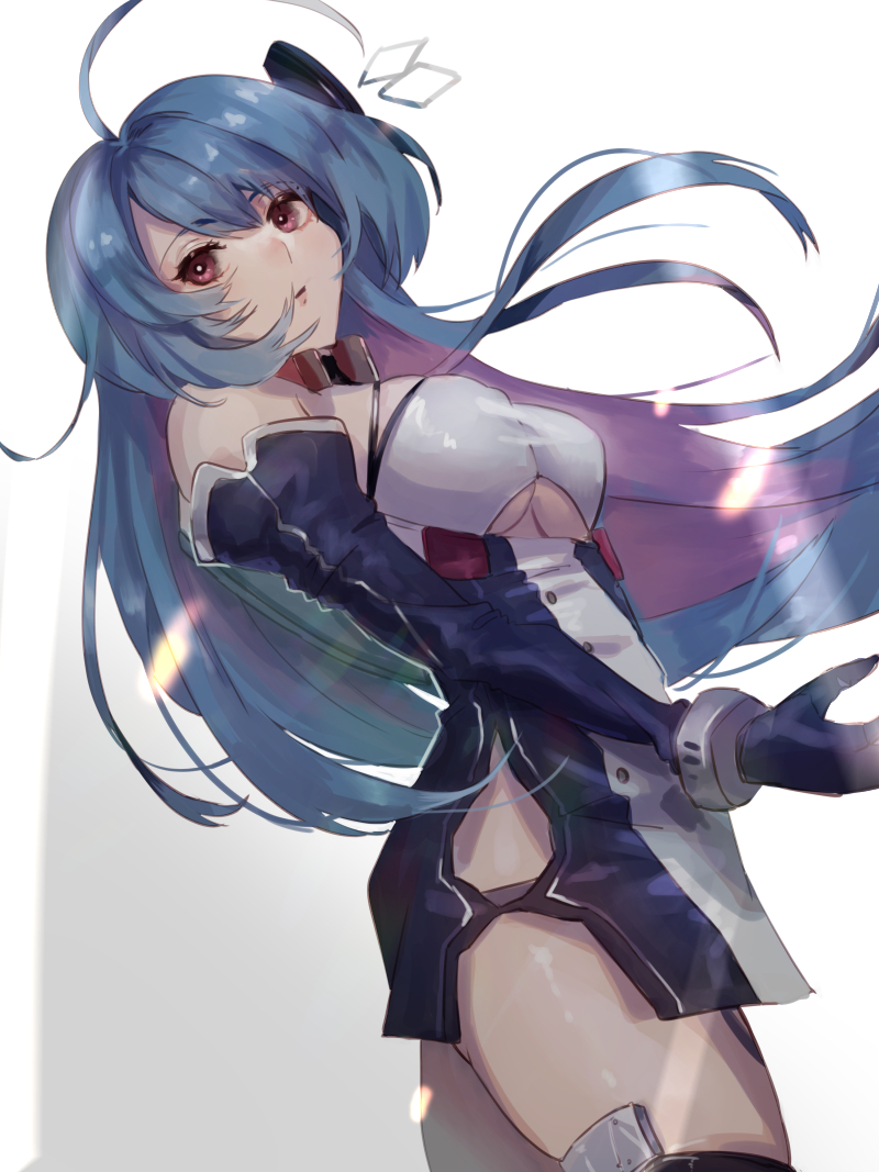 1girl azur_lane bare_shoulders blue_hair breasts clothing_cutout detached_sleeves gloves hair_between_eyes helena_(azur_lane) helena_(retrofit)_(azur_lane) long_hair medium_breasts moji_(mojimozis) red_eyes simple_background solo underboob underboob_cutout