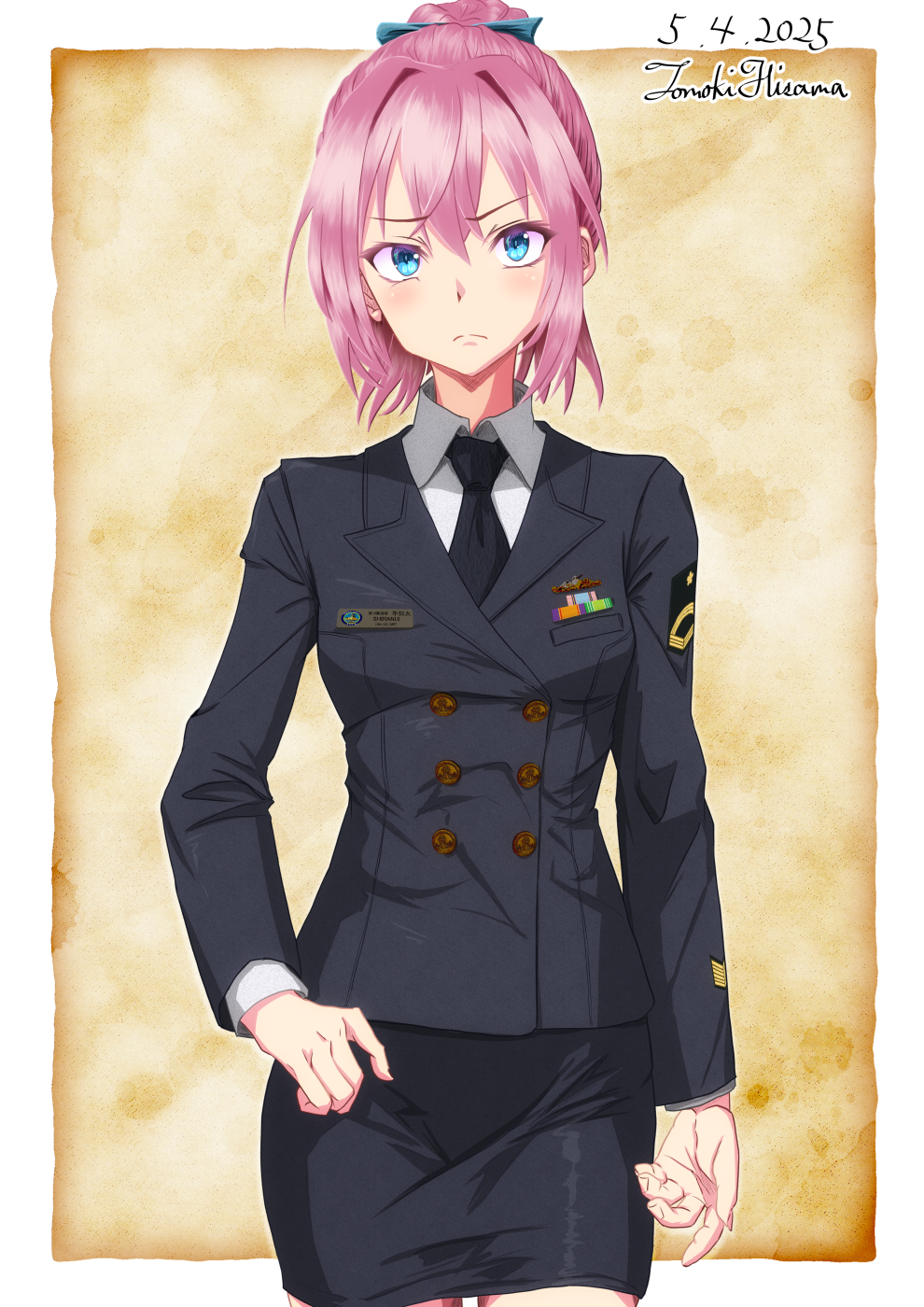 1girl alternate_costume artist_name black_jacket black_necktie black_skirt blue_eyes blue_ribbon buttons collared_shirt dated double-breasted frown hair_ribbon highres hisamatomoki jacket japan_maritime_self-defense_force japan_self-defense_force kantai_collection looking_at_viewer military military_dress_uniform military_rank_insignia military_uniform naval_dress_uniform naval_uniform necktie one-hour_drawing_challenge pink_hair ponytail ribbon ribbon_bar shiranui_(kancolle) shirt short_hair skirt solo white_shirt