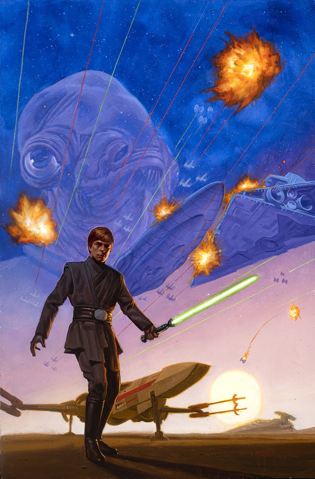 2boys alien black_boots black_pants black_tunic blonde_hair boots energy_sword erik_gist explosion gial_ackbar green_lightsaber highres holding holding_sword holding_weapon lightsaber luke_skywalker mon_calamari multiple_boys pants short_hair spacecraft star_wars sword tunic weapon x-wing