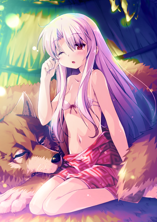 1girl :o animal animal_request arm_support bare_arms bare_shoulders barefoot black_(artist) blush bow bow_bra bra breasts collarbone curtained_hair fate/grand_order fate_(series) hand_on_own_cheek hand_on_own_face hand_up long_hair long_sidelocks navel no_shirt official_art one_eye_closed open_mouth pink_hair red_eyes red_skirt sidelocks sitonai_(fate) sitting skirt small_breasts solo squeans strapless strapless_bra third-party_source underwear wariza white_bra