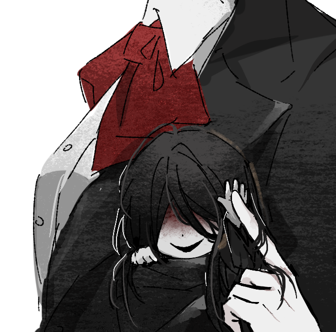 1boy 1girl black_hair black_kimono blood blood_on_face chinese_commentary commentary_request derivative_work heroine_(homicipher) homicipher in_pocket japanese_clothes kimono kuyume long_hair mini_person miniboy mr._crawling school_uniform simple_background white_background