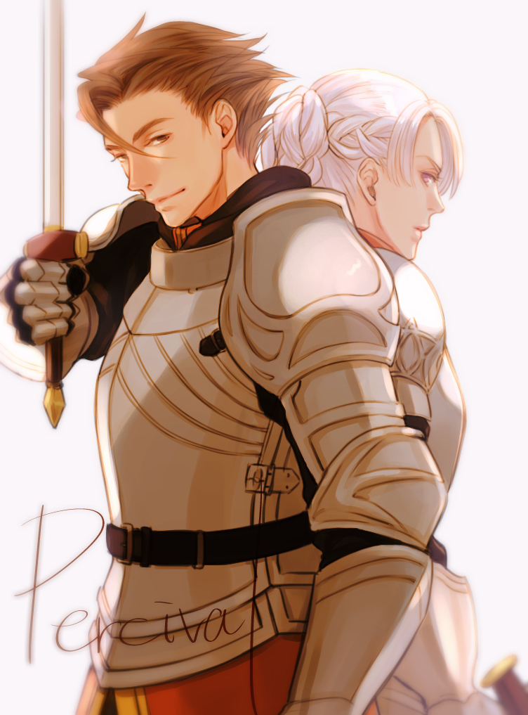 1boy 1girl armor braid brown_hair chris_lightfellow closed_mouth french_braid gensou_suikoden gensou_suikoden_iii gloves looking_at_viewer percival_fraulein purple_eyes short_hair silver_hair simple_background sword weapon white_background