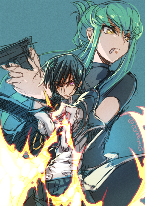 1boy 1girl black_hair c.c. code_geass cosplay creayus fullmetal_alchemist green_hair gun hair_bun handgun lelouch_vi_britannia marksman mouth_hold pistol purple_eyes riza_hawkeye riza_hawkeye_(cosplay) roy_mustang roy_mustang_(cosplay) single_hair_bun weapon yellow_eyes