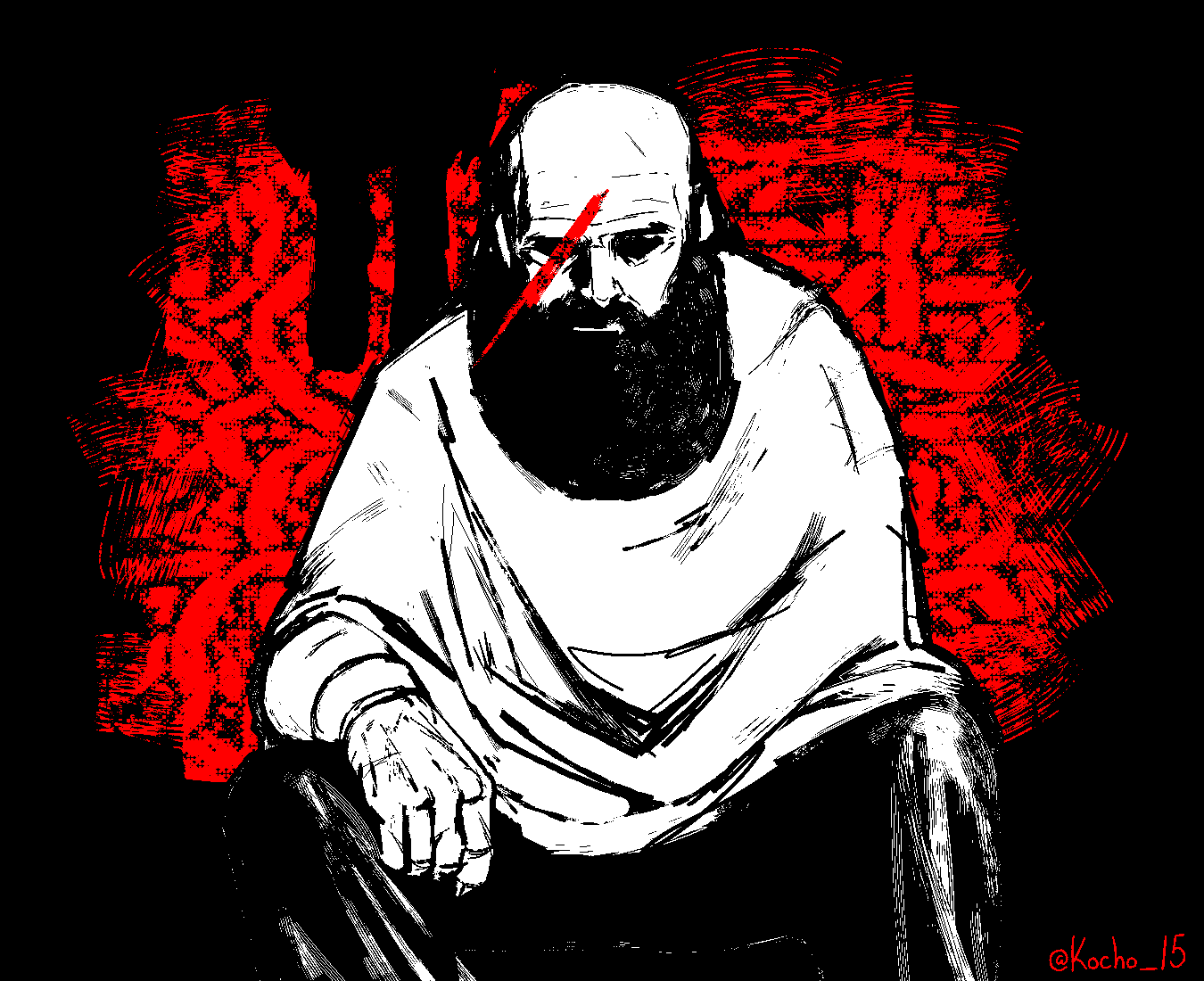 1boy anniversary bald beard brad_armstrong facial_hair feet_out_of_frame full_beard greyscale_with_colored_background hand_on_own_knee kocho_15 lisa_(series) lisa_the_painful poncho scar scar_across_eye scar_on_face sitting solo thick_beard twitter_username