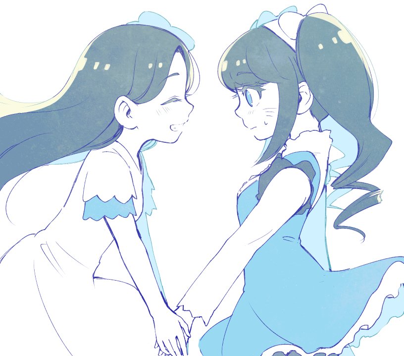 10s 2girls bad_id bad_twitter_id blush chibimi chibita dress facial_mark flower flower_fairy_(osomatsu-kun) flower_girl_(osomatsu-kun) genderswap genderswap_(mtf) hair_flower hair_ornament itoda_(110da) long_hair looking_at_another monochrome multiple_girls osomatsu-kun osomatsu-san osomatsu_(series) short_sleeves simple_background smile sweatdrop twintails whisker_markings white_background yuri