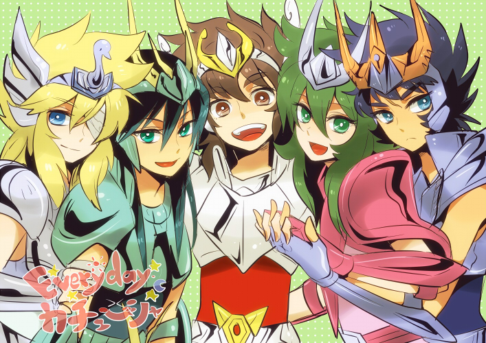 5boys andromeda_shun armor bandage_over_one_eye bishounen blue_eyes breastplate brothers brown_eyes cygnus_hyouga dragon_shiryuu eyelashes fake_horns frown green_armor green_eyes green_hair helmet holding_hands horned_helmet horns katori_(katokichi) looking_at_viewer male_focus multiple_boys open_mouth pauldrons pegasus_seiya phoenix_ikki pink_armor saint_seiya short_hair shoulder_armor siblings smile teeth trap upper_body upper_teeth_only