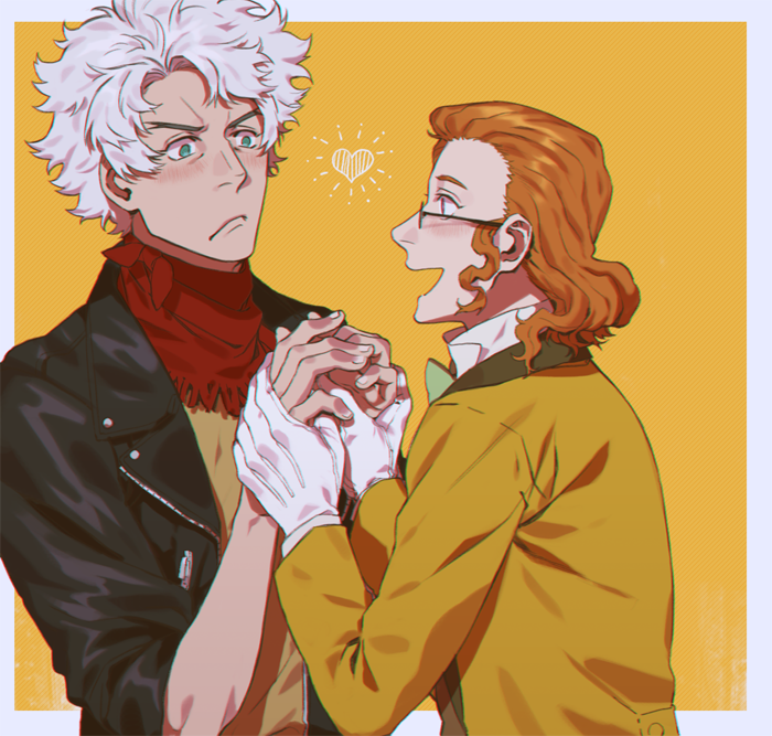 2boys bandana black_jacket border brown_hair classicaloid closed_mouth embarrassed franz_schubert_(classicaloid) gloves green_eyes heart holding_hands jacket leather leather_jacket ludwig_van_beethoven_(classicaloid) male_focus multiple_boys open_mouth red_bandana sf_jd short_hair white_border white_gloves white_hair yaoi yellow_jacket