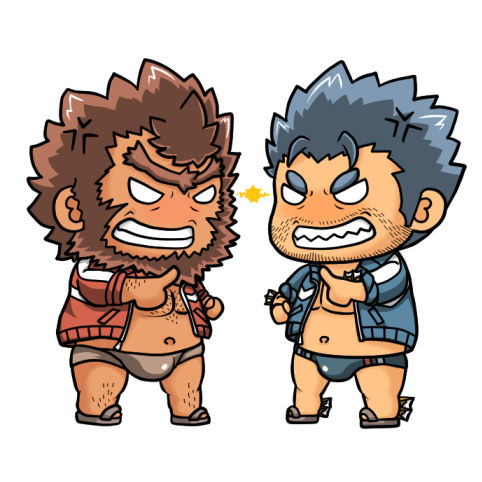 2boys anger_vein arguing bara beard blue_hair blue_male_swimwear blue_swim_briefs blush brown_hair brown_male_swimwear brown_swim_briefs chest_hair chibi dark-skinned_male dark_skin facial_hair fins fish_boy full_body jacket jinn_(housamo) kemonosuke_(kmskths) leg_hair lowres male_focus male_swimwear multiple_boys muscular muscular_male navel pectoral_cleavage pectorals sharp_teeth short_hair sideburns swim_briefs swimsuit teeth thick_eyebrows tokyo_houkago_summoners track_jacket triton_(housamo) unibrow