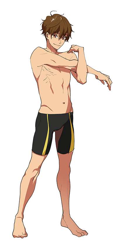 1boy barefoot black_jammers black_male_swimwear brown_hair full_body groin high_speed! jammers kirishima_natsuya looking_at_viewer male_focus male_swimwear megumi-square muscular red_eyes serizawa_nao short_hair simple_background smile solo swimsuit topless_male white_background