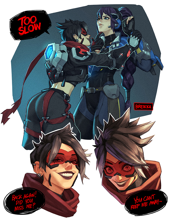 2girls alternate_universe artist_name black_hair black_pants blue_bodysuit blue_eyes bodysuit breikka captain_lacroix clenched_teeth commentary crazy_eyes cropped_head dark_persona english_commentary english_text eyelashes grin half-closed_eyes headset holding_another&#039;s_wrist light_persona long_hair looking_at_viewer midriff multiple_girls official_alternate_hair_color operative_oxton overwatch pants purple_hair red-tinted_eyewear red_goggles red_scarf scarf smile speech_bubble teeth tinted_eyewear tracer_(overwatch) widowmaker_(overwatch)