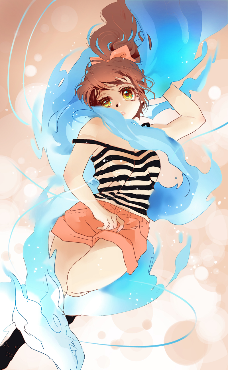 10s 1girl bad_id bad_pixiv_id brown_hair camisole female_focus highres kodama_fumika long_hair looking_at_viewer mafunopu orochi_(youkai_watch) parted_lips ponytail shorts solo strap_slip yellow_eyes youkai_watch
