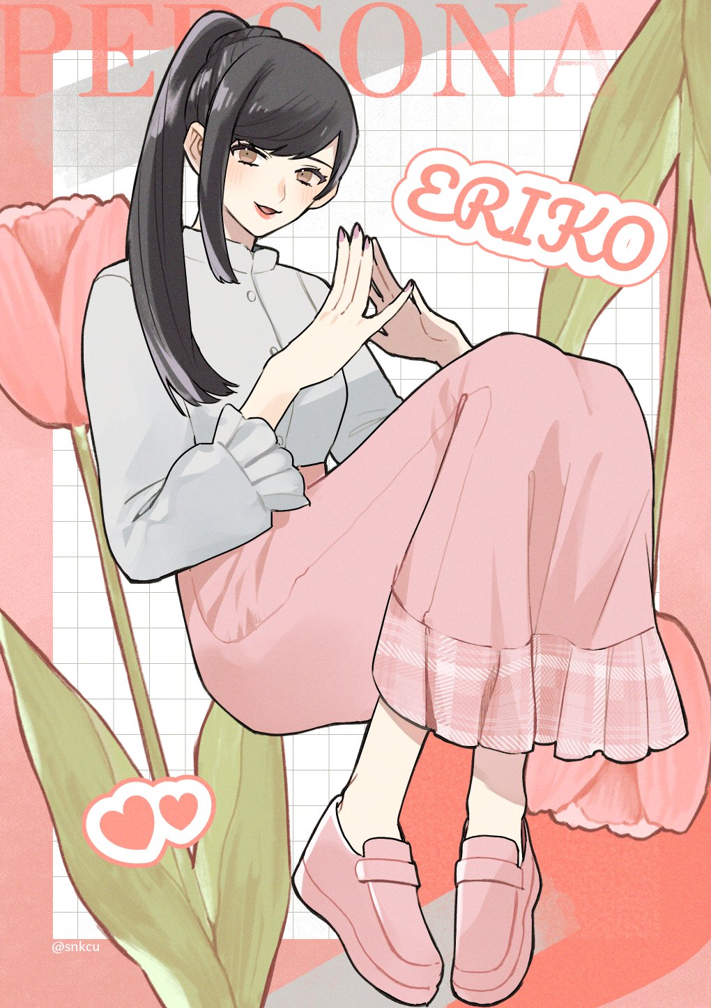 1girl black_hair blouse blush brown_eyes casual character_name copyright_name flower frilled_sleeves frills high-waist_skirt highres kirishima_eriko konbanha06 loafers long_skirt persona persona_1 pigeon-toed pink_nails pink_shoes pink_skirt pink_theme plaid ponytail shirt shirt_tucked_in shoes skirt solo steepled_fingers tulip white_shirt