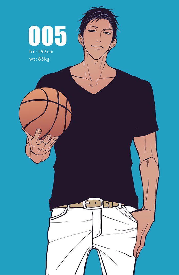 1boy a_jou aomine_daiki arm_up ball basketball_(object) belt belt_buckle black_eyes black_hair black_shirt blue_background brown_belt buckle closed_mouth collarbone commentary dark-skinned_male dark_skin english_commentary holding holding_ball kuroko_no_basuke looking_at_viewer male_focus pants shirt short_hair short_sleeves simple_background smile solo standing straight-on thumb_in_pocket v-neck white_pants