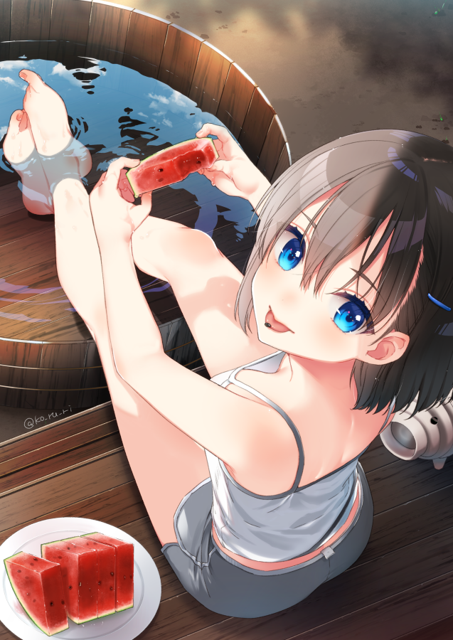 1girl :p barefoot black_hair blue_eyes breasts cleavage food from_above from_behind fruit grey_shorts hair_between_eyes koruri looking_at_viewer mosquito_coil original short_hair short_shorts shorts small_breasts solo tank_top tongue tongue_out veranda watermelon watermelon_seeds watermelon_slice