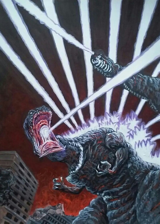 atomic_breath breath_weapon building destruction dinosaur energy energy_beam giant giant_monster glowing godzilla godzilla_(series) godzilla_(shin) kaiju mouth_beam multiple_heads no_humans plasma plasma_beam red_sky shin_godzilla sky skyscraper spike_beam tail tail_beam tail_head thermacabe toho