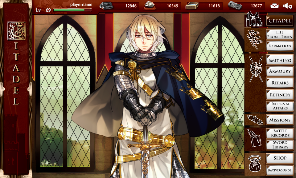 10s 1boy armor blonde_hair box cioccolatodorima cowboy_shot excalibur_(mythology) fake_screenshot grey_eyes male_focus menu money original serious short_hair solo sword touken_ranbu weapon window