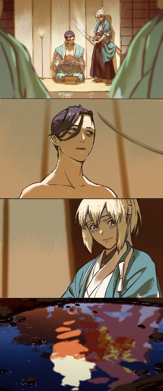 1boy 1girl 2others 4koma bags_under_eyes black_hair black_hakama blonde_hair blue_hakama brown_eyes comic crying crying_with_eyes_open fate/grand_order fate_(series) hair_between_eyes hair_over_one_eye hair_pulled_back hakama haori headband highres holding holding_sword holding_weapon indoors japanese_clothes katana kimono looking_at_another moon moon_reflection multiple_others nights_(iovjat5tfuq3inz) okita_souji_(fate) okita_souji_(koha-ace) out_of_frame parted_lips ponytail purple_eyes reflection sandals seiza seppuku sheath shinsengumi silent_comic sitting standing sword tabi tasuki tears topless_male undressing weapon white_headband white_kimono yamanami_keisuke_(fate) zouri