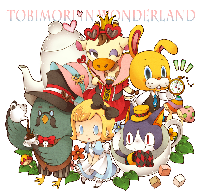 0328uppi 2girls 3boys alice_(alice_in_wonderland) alice_(alice_in_wonderland)_(cosplay) alice&#039;s_adventures_in_wonderland animal_crossing beans blonde_hair blue_eyes brewster_(animal_crossing) bug butterfly cat cheshire_cat_(alice_in_wonderland) cheshire_cat_(cosplay) coffee coffee_beans cosplay crown cup giraffe glasses gracie_(animal_crossing) hat heart insect mad_hatter_(alice_in_wonderland) mad_hatter_(alice_in_wonderland)_(cosplay) multiple_boys multiple_girls mushroom necktie nintendo pidgeon plate pocket_watch queen_of_hearts_(alice_in_wonderland) queen_of_hearts_(cosplay) rabbit red_eyes rover_(animal_crossing) simple_background sunglasses tail teapot top_hat villager_(animal_crossing) watch white_background white_rabbit_(alice_in_wonderland) white_rabbit_(cosplay) zipper_t._bunny_(animal_crossing)