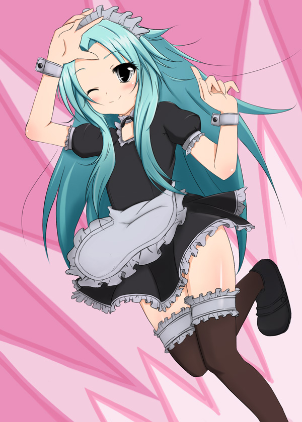 1girl ;) aqua_hair black_eyes blue_hair brown_thighhighs female_focus flat_chest frilled_thighhighs frills haiyore!_nyaruko-san long_hair maid maid_headdress one_eye_closed personification puffy_sleeves remoservet shantak_(nyaruko-san) short_sleeves smile solo thighhighs very_long_hair wrist_cuffs zettai_ryouiki