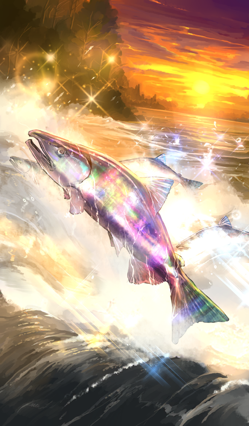 animal_focus cloud cloudy_sky commentary fate/grand_order fate_(series) fish lasengle midair no_humans official_art orange_sky salmon sky sparkle third-party_source water wet