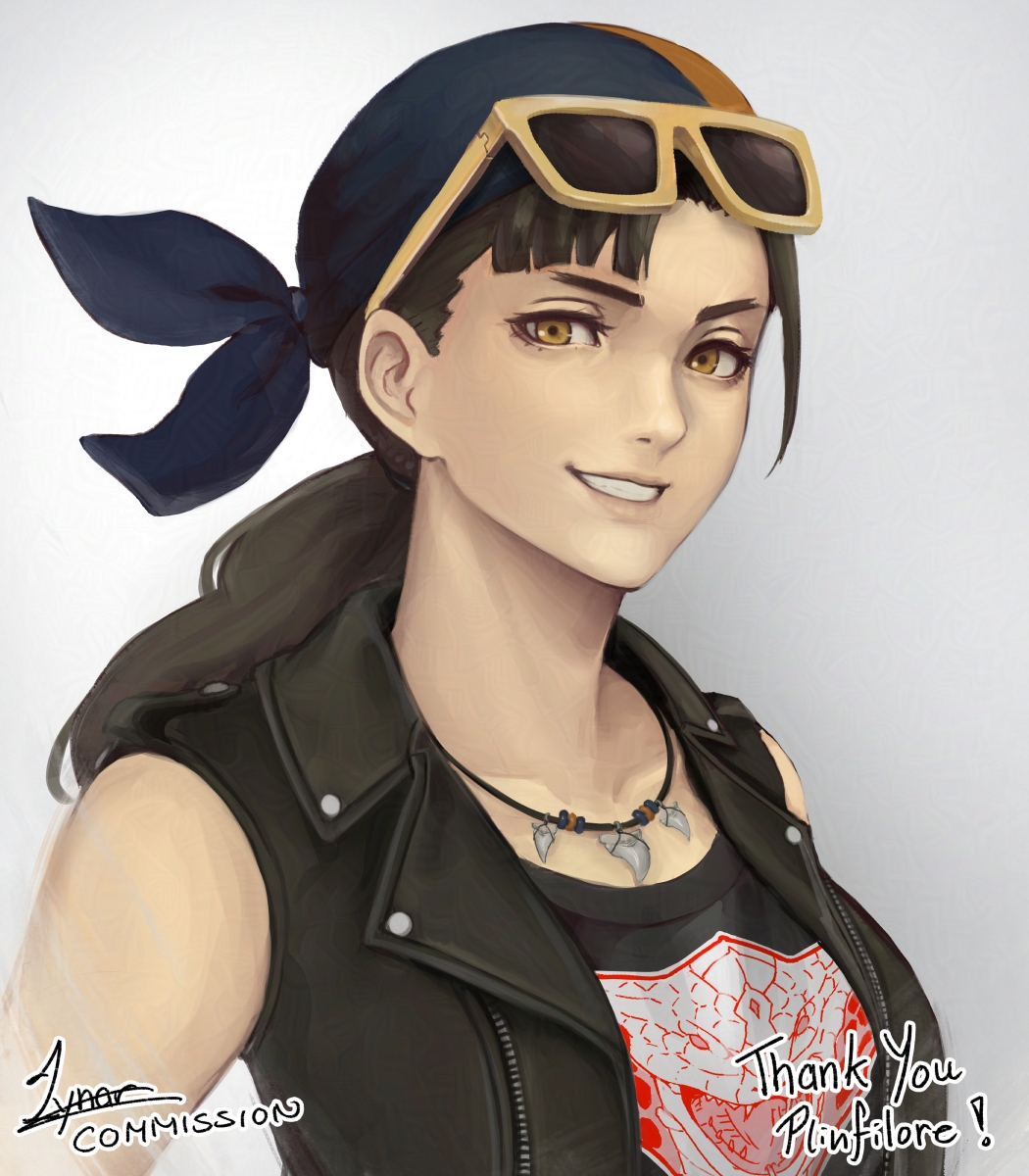 1girl black_hair commission eyewear_on_head fire_emblem fire_emblem_engage highres jewelry looking_at_viewer lynarc mitan_(fire_emblem) necklace nintendo smile solo sunglasses thank_you yellow_eyes