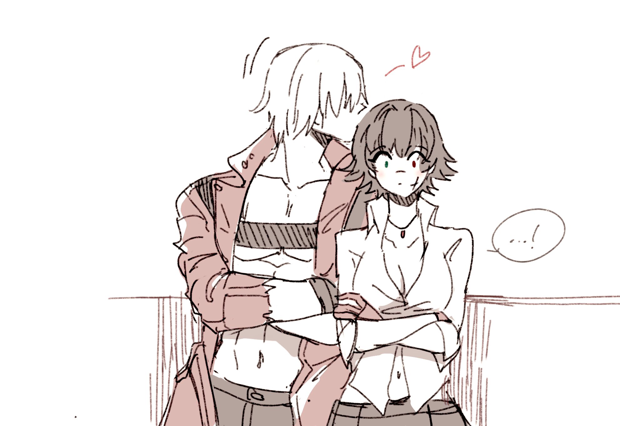 1boy 1girl black_hair coat crossed_arms dante_(devil_may_cry) devil_may_cry devil_may_cry_(series) devil_may_cry_3 heart highres jewelry jumpoon kiss kissing_hair lady_(devil_may_cry) midriff navel necklace no_shirt red_coat shirt short_hair sketch white_hair white_shirt