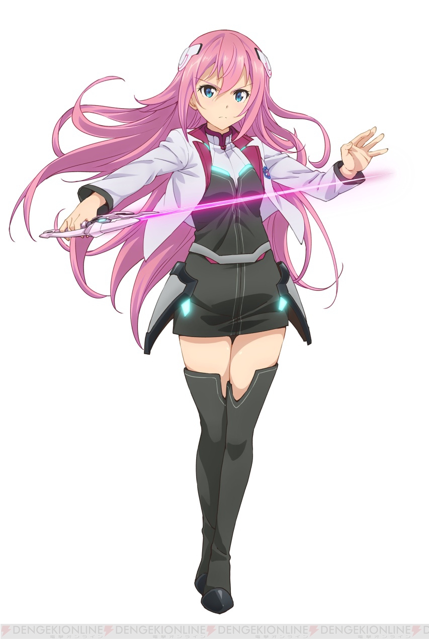 10s 1girl armor belt black_boots black_thighhighs blazer blue_eyes boots breasts dengeki dress faulds female_focus floating_hair full_body gakusen_toshi_asterisk glowing glowing_sword glowing_weapon hair_between_eyes hair_ornament highres holding holding_weapon jacket julis-alexia_von_riessfeld kawakami_tetsuya long_hair long_sleeves looking_at_viewer neon_trim official_art open_clothes open_jacket outstretched_arm purple_hair serious short_dress small_breasts solo standing sword thigh_boots thighhighs turtleneck very_long_hair weapon white_background zettai_ryouiki