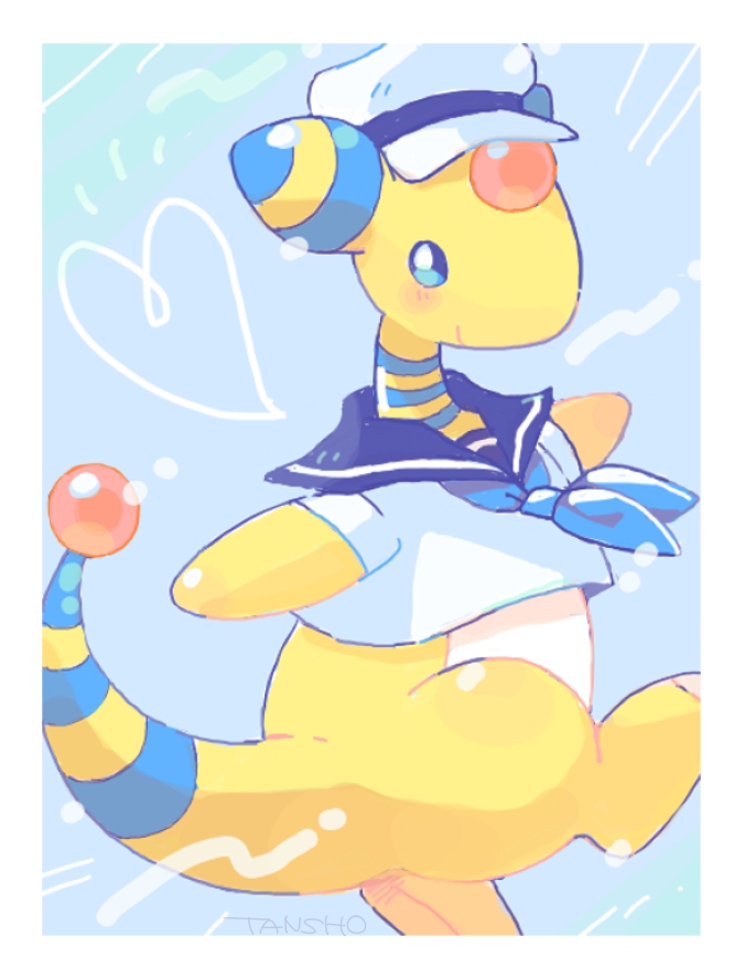 ampharos blue_background blue_eyes blue_neckerchief blue_sailor_collar border commentary_request full_body gen_2_pokemon hat heart looking_at_viewer neckerchief nintendo pokemon pokemon_(creature) sailor_collar sailor_hat sailor_shirt shirt short_sleeves simple_background smile tansho white_hat white_shirt