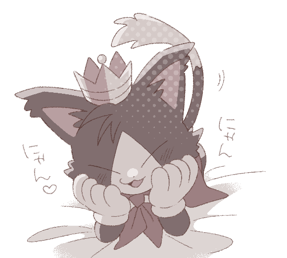 animal_ear_fluff black_fur blush cait_sith_(final_fantasy) cape cat closed_eyes crown final_fantasy final_fantasy_vii gloves hands_on_own_cheeks hands_on_own_face head_on_hands lying minashirazu mini_crown no_humans on_stomach open_mouth red_cape smile tuxedo_cat two-tone_fur white_background white_fur white_gloves