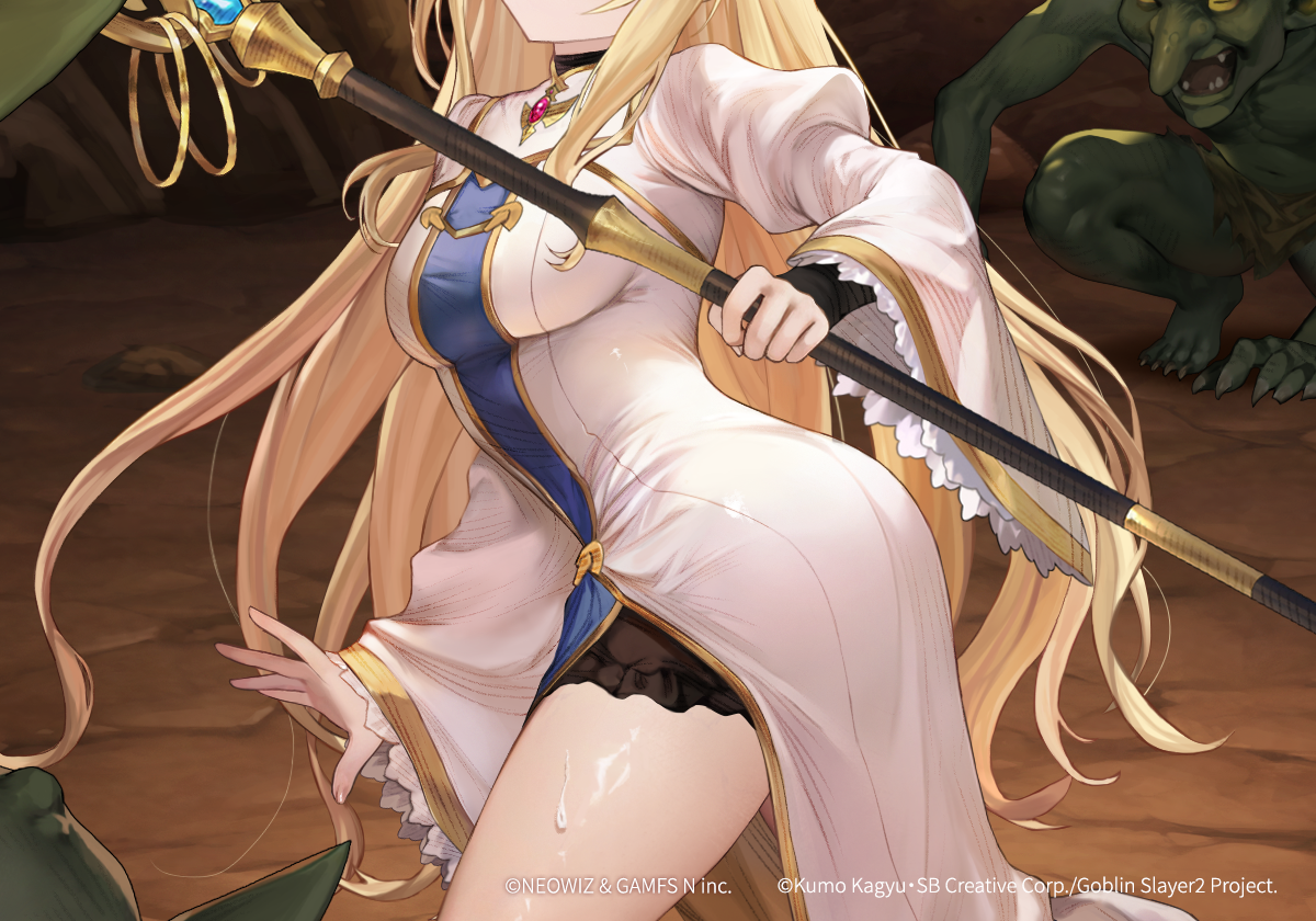 1girl blonde_hair breasts brown_dust_(series) brown_dust_2 dress dungeon goblin goblin_slayer! long_hair long_sleeves priestess priestess_(goblin_slayer!) staff white_dress