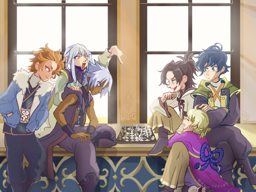 2girls 4boys :3 bare_arms black_hair blonde_hair blue_eyes blue_hair board_game bragi_(kingdom_hearts) chess commentary_request crossed_arms dark_skin eraqus everyone closed_eyes fur_trim gumin_(pixiv26680964) hands_in_pockets hermod_(kingdom_hearts) hood hooded_jacket jacket kingdom_hearts kingdom_hearts_dark_road multiple_boys multiple_girls open_mouth orange_eyes orange_hair pointing short_hair sitting urd_(kingdom_hearts) vor_(kingdom_hearts) white_hair window xehanort yellow_eyes aged_down