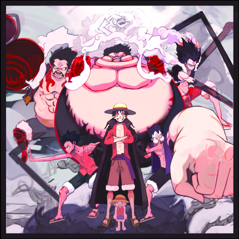 1boy abs alternate_form black_border black_hair border child coat coat_on_shoulders commentary crossed_arms english_commentary full_body gear_fifth gear_fourth gear_fourth:_boundman gear_fourth:_snakeman gear_fourth:_tankman gear_second gear_third hagoromo hat looking_at_viewer lv5plant male_focus monkey_d._luffy no_scar one_piece sandals shawl short_hair shorts smile straw_hat white_hair
