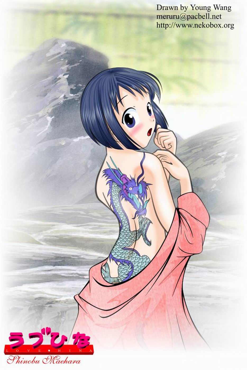 blue_eyes blue_hair blush bob_cut dragon highres japanese_clothes love_hina maehara_shinobu onsen outdoors short_hair solo tattoo undressing young_wang