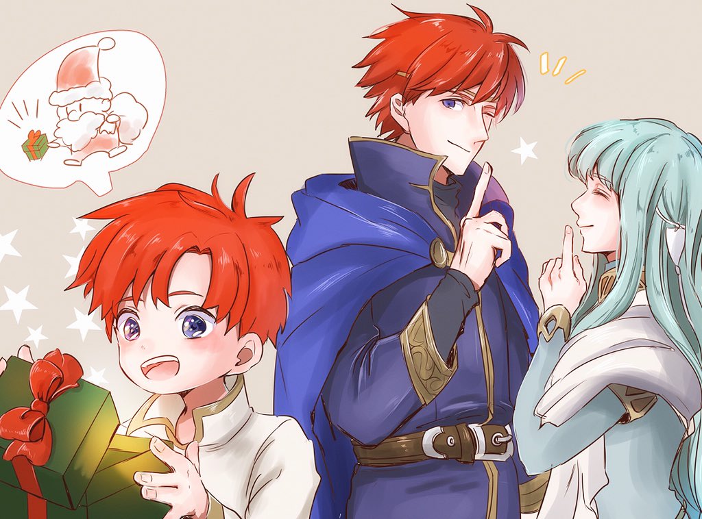 1girl 2boys aged_down armor blue_hair cape christmas dress eliwood_(fire_emblem) father_and_son fire_emblem fire_emblem:_the_binding_blade fire_emblem:_the_blazing_blade fire_emblem_heroes gift hair_ornament hoshigaki_(hsa16g) long_hair mother_and_son multiple_boys ninian_(fire_emblem) nintendo one_eye_closed open_mouth red_eyes red_hair roy_(fire_emblem) short_hair smile