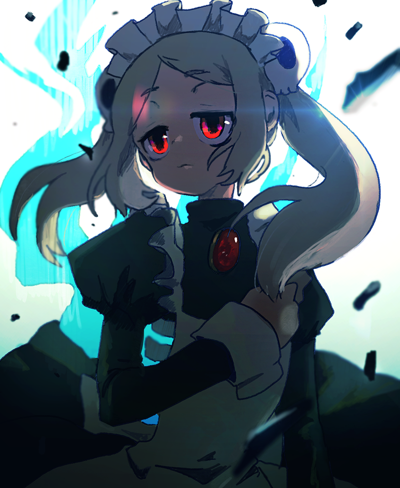 1girl apron bloody_marie_(skullgirls) blue_background brooch dress facing_viewer fire frilled_apron frills frown grey_hair half-closed_eyes jewelry juliet_sleeves kareido_(kaleidoscope) long_sleeves maid_headdress puffy_sleeves red_eyes ribs skeleton skullgirls solo upper_body