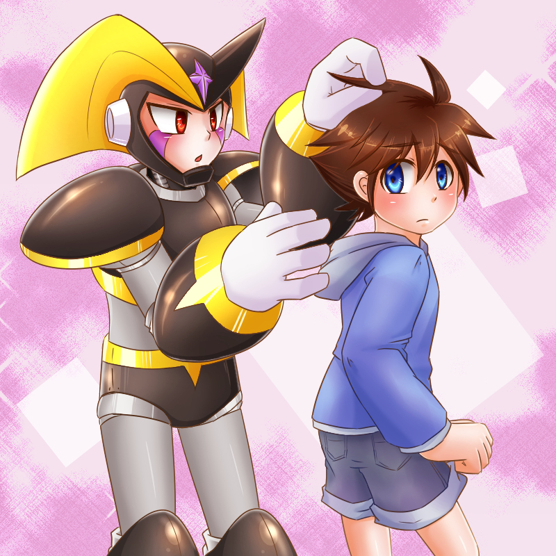 2boys armor artist_request bass_(mega_man) blue_eyes brown_hair capcom child formal_clothes legs mega_man_(character) mega_man_(classic) mega_man_(series) mega_man_7 messy_hair multiple_boys robot roboy_boy shorts suit sweater yaoi