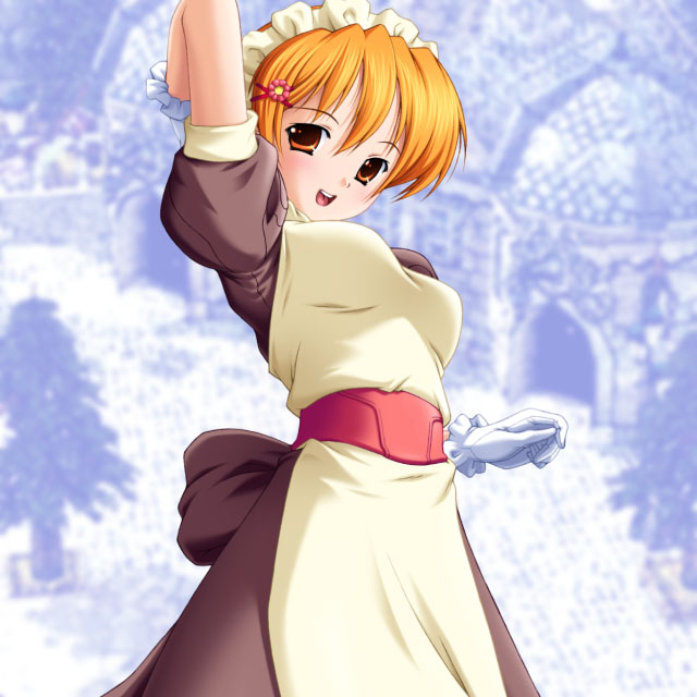 1girl 2000s_(style) apron arm_up blue_background blurry blurry_background blush breasts brown_dress brown_eyes commentary_request cowboy_shot dress flower frilled_apron frilled_gloves frills game_screenshot_background gloves hair_between_eyes hair_flower hair_ornament hairband kafra_uniform kazuma_muramasa maid maid_headdress medium_breasts open_mouth orange_hair puffy_short_sleeves puffy_sleeves ragnarok_online red_sash roxie_(ragnarok_online) sash screenshot_background short_hair short_sleeves smile solo standing tree variant_set white_gloves