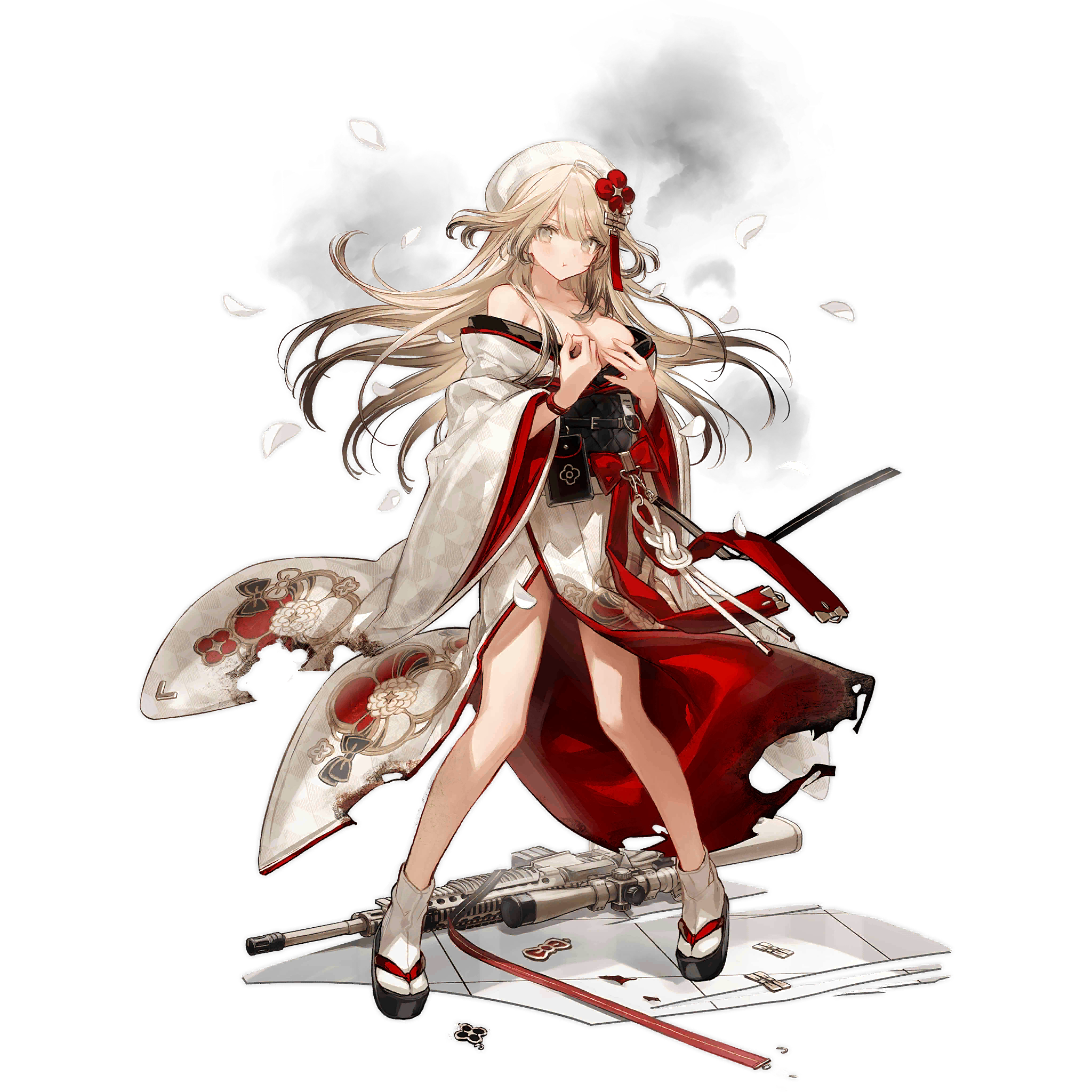 1girl :t beret black_bag black_hair black_sandals black_sash black_shawl blonde_hair bow_print breasts burnt_clothes chocoan cleavage closed_mouth colored_tips covering_breasts covering_privates falling_petals floral_print floral_print_kimono full_body fur_shawl girls'_frontline gradient_hair grey_eyes gun hat highres japanese_clothes kimono knees_together_feet_apart large_breasts layered_kimono light_blush long_hair long_sleeves looking_at_viewer m110_(girls'_frontline) m110_(honorable_spirit_in_red)_(girls'_frontline) m110_sass multicolored_hair obi off_shoulder official_alternate_costume official_art okobo petals platform_sandals pouch pout print_kimono red_kimono rifle sandals sash shawl simple_background smoke sniper_rifle socks solo standing tabi third-party_source tile_floor tiles transparent_background very_long_hair weapon weapon_on_floor white_hat white_kimono white_petals white_socks wide_sleeves